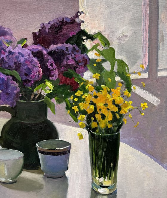 Sill Life with Lilac and yellow wildflowers