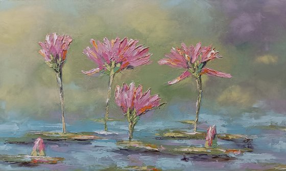 Red Lilies water. Flowers in water. Oil on canvas