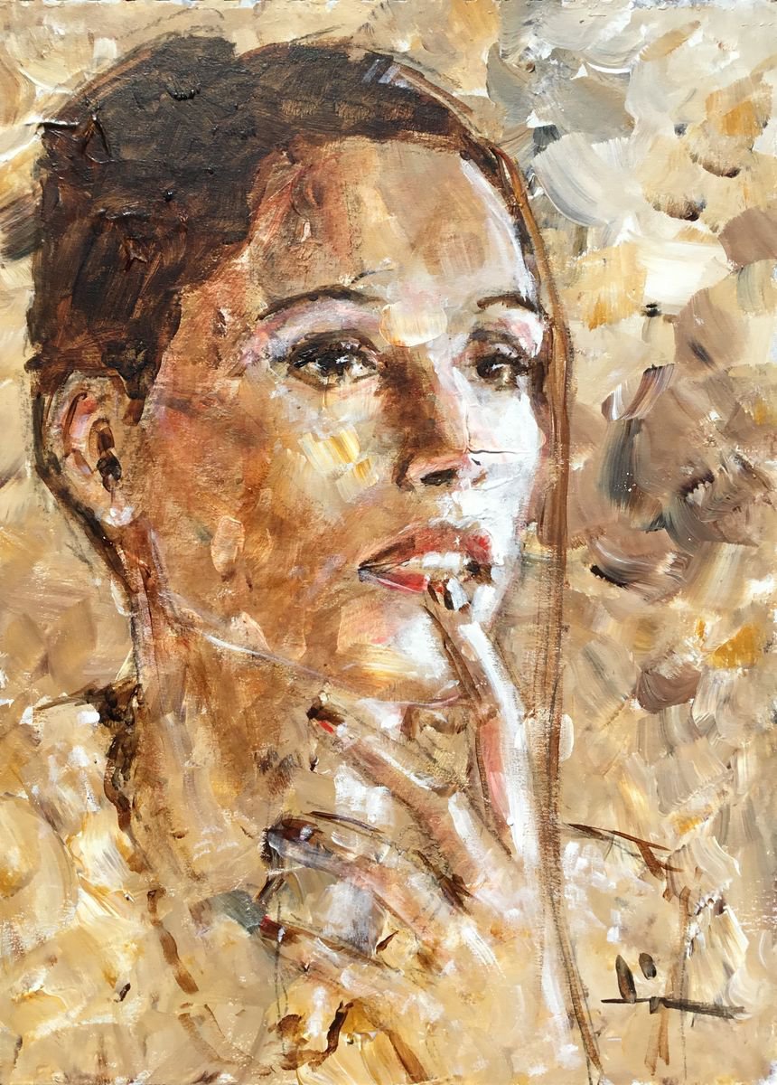 Expressive Portrait Acrylic Painting By Dominique Deve, 12 X 16, Think, Original Artwork