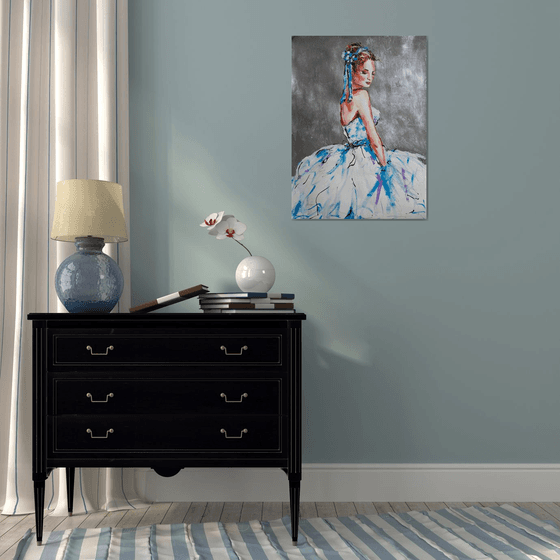 Blue Ribbon - Figurative Ballerina  Acrylic Mixed Media  Painting on Paper