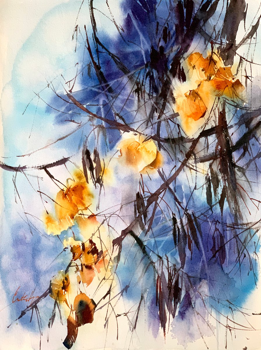 Impressionistic Botanical Watercolour By Sophie Rodionov, 14 X 19", Autumn In Blue And Yellow, Original Artwork