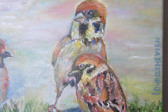 Sparrows and Dandelions Oil on Canvas Original Painting Impressionism Artwork