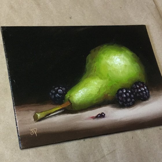 Pear with Blackberries, still life