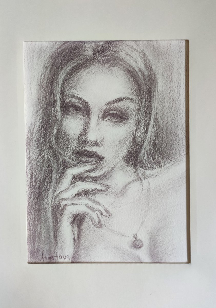 Young Beautiful Anna Girl Long Hair Charcoal Sketch Monochrome by Anastasia Art Line