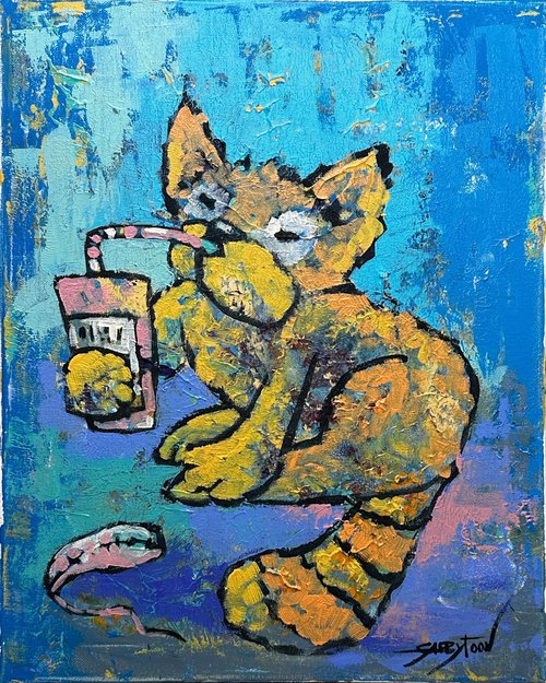 ORIGINAL painting 20"x16" Cat With Soda by Gabriella DeLamater
