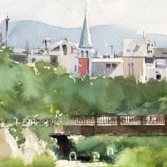 Ashiya River and Church - 30x20cm Sketch