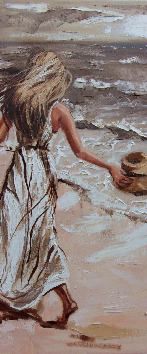 " PLAYING WITH THE WIND " SUN SKY SEA SAND liGHt  ORIGINAL OIL PAINTING, GIFT, PALETTE KNIFE by Monika Luniak
