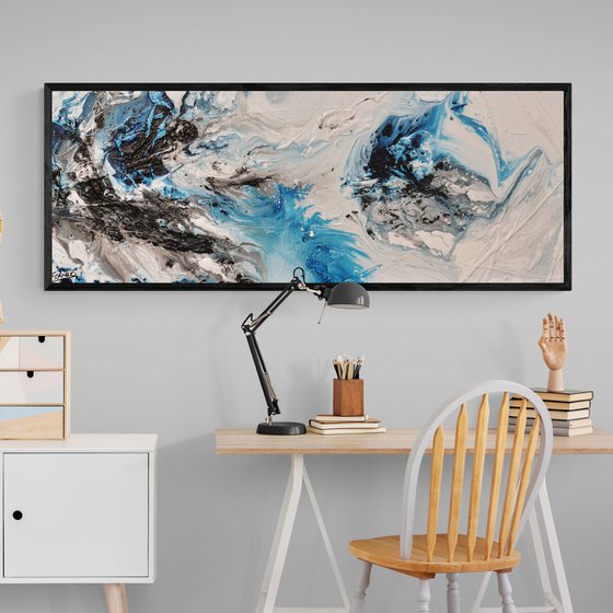 Crushed Midnight 160cm x 60cm Blue White Abstract Art