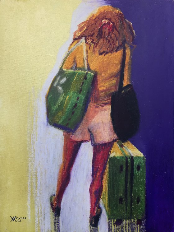 Tourist. Girl in the subway. Portrait of a girl with a suitcase