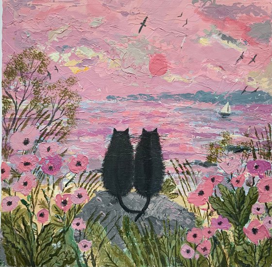 Seaside cats with poppies