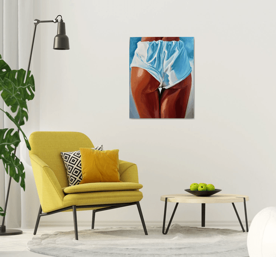 FRESH AND CLEAN - original painting sea swimming erotic art white blue shorts legs erotic art nude sexy pop art office interior home decore