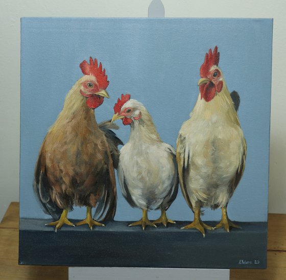 Chickens in a Row, Chicken Painting, Animal Artwork, Nature Wall Decor Framed and Ready to Hang Oil Painting by Alex Jabore Active