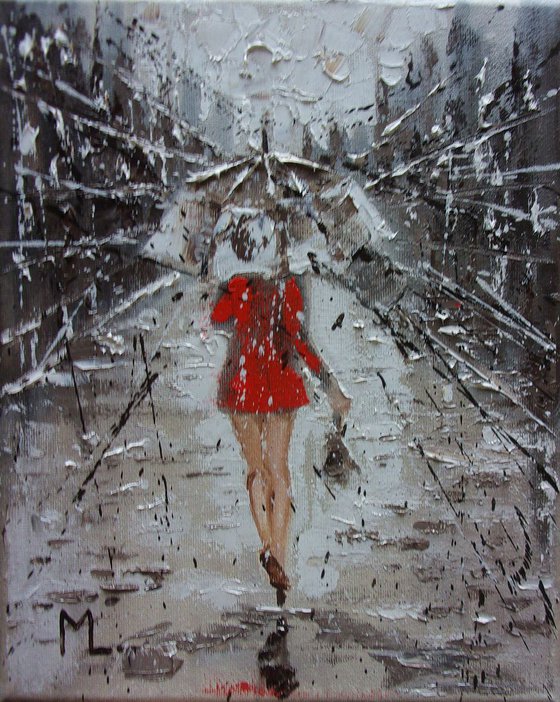 " UNDER THE SPRING UMBRELLA " original painting CITY palette knife