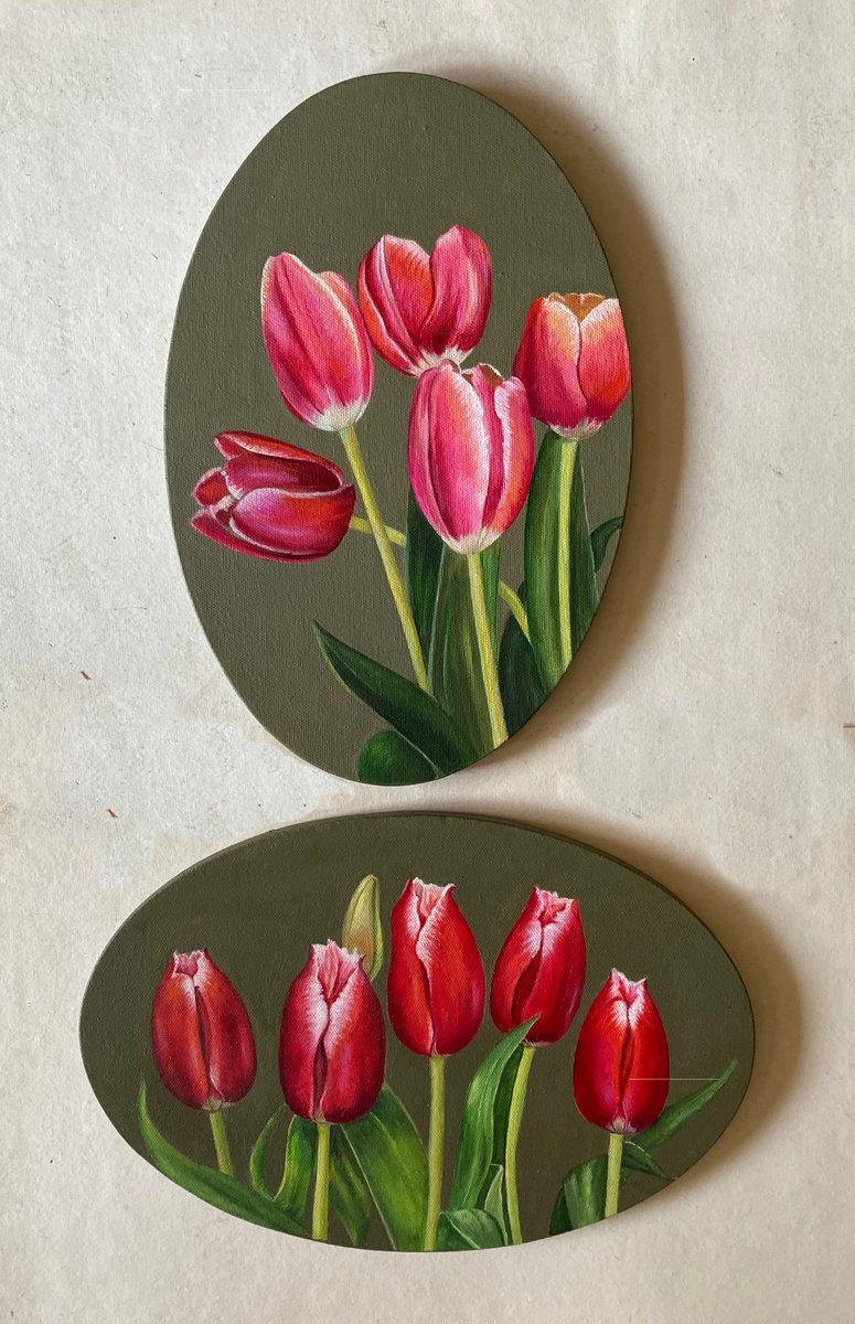 Photorealistic Still Life Oil Painting By Priyanka Singh, 12 X 20", Tulip Garden- Set Of 2, Original Artwork