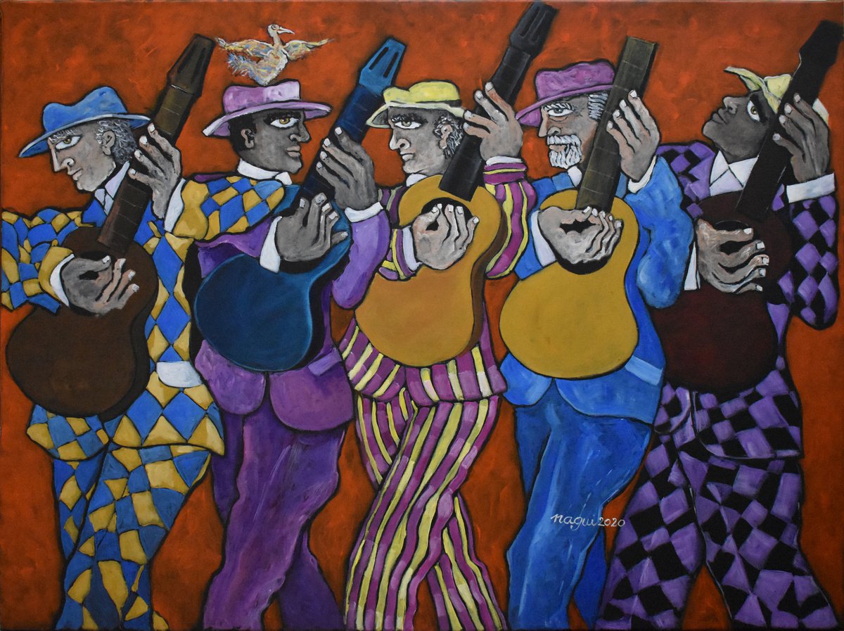 Expressive Portrait Acrylic Painting By Nagui, 40 X 30", The Guitarists