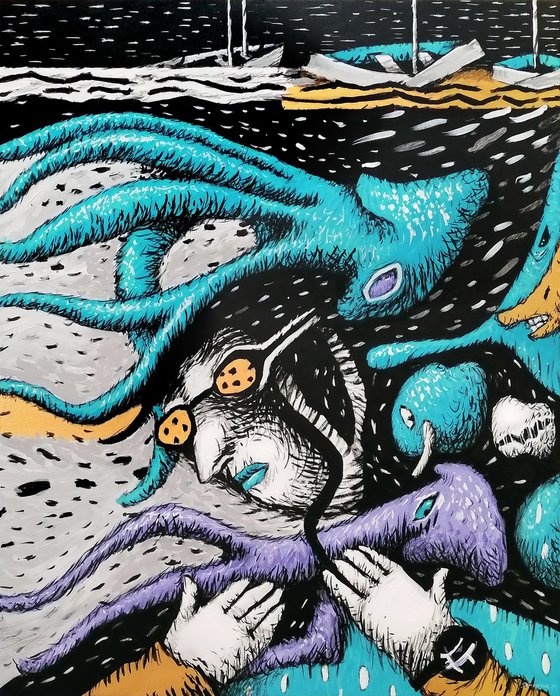 Diver and violet squid