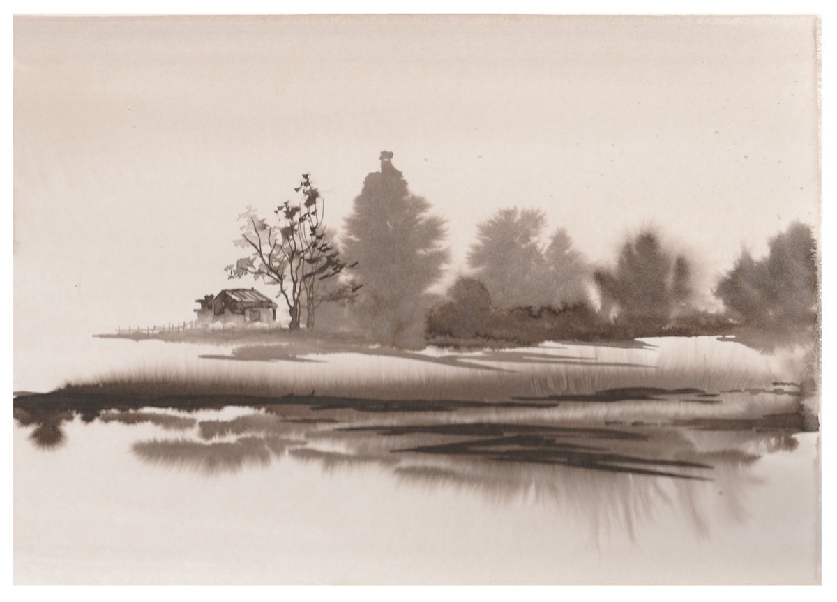 Impressionistic Landscape Ink Drawing By Yulia Schuster, 12 X 8", Monochrome Landscape V2, Original Artwork
