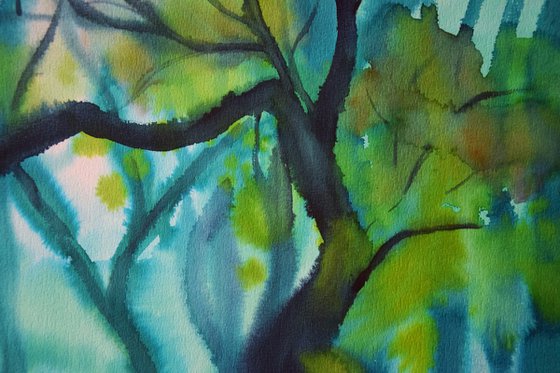 Green forest original watercolor painting, moss trees, mystic wall decor