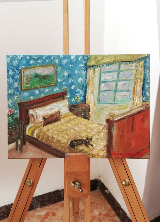 "Cat Lying on Bed" Interior Painting Original Van Gogh Style Oil on Canvas Artwork 7x10"