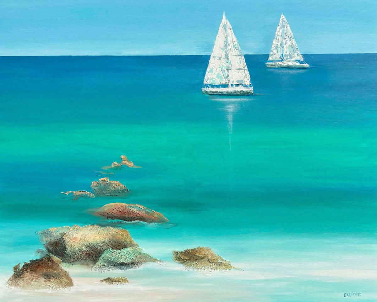 Impressionistic Landscape Painting By Oxypoint, 39 X 31", "White Sails", Original Artwork