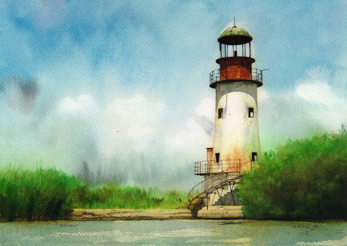 Impressionistic Landscape Watercolour By Reme Jr., 14 X 10", Old Lighthouse In Sulina, Original Artwork