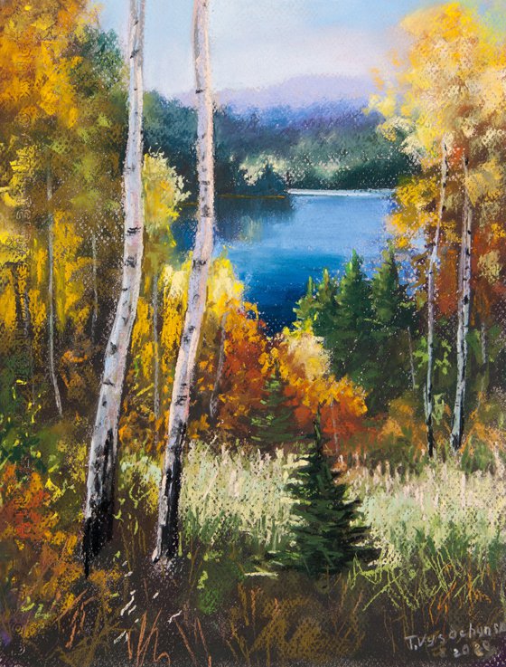 Autumn forest. Fall landscape. Pastel Art.