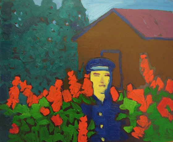 Man in red flower and bluesuit