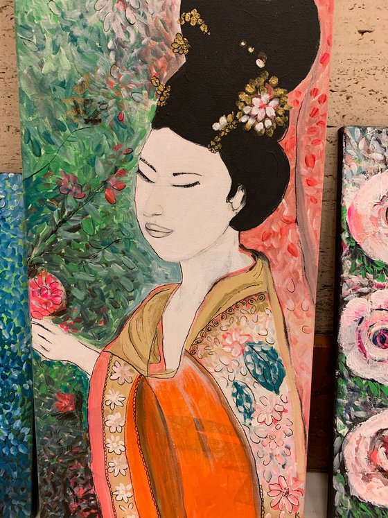 Bride Portrait People Impressionistic Japanese Art Home Wall Decor Original Painting on Canvas Ready to Hang