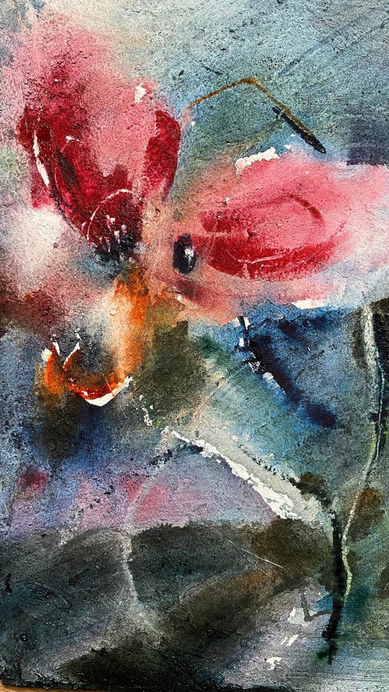 Orange and pink flowers 2 - floral watercolor on board