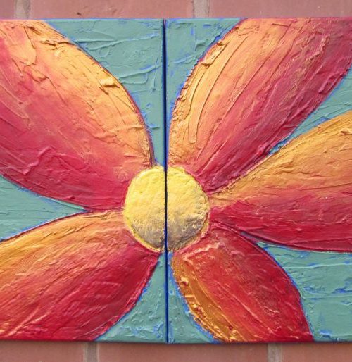 gold red flower painting original hand painted abstract flower texture art canvas - 40 x16 inches by Stuart Wright