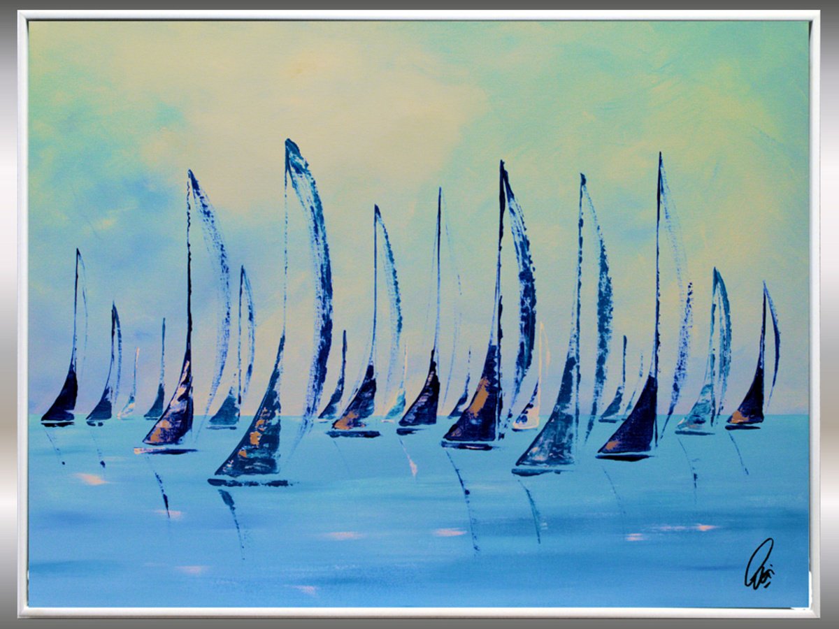 Blue Silence - Framed Sailboat Painting by Edelgard Schroer
