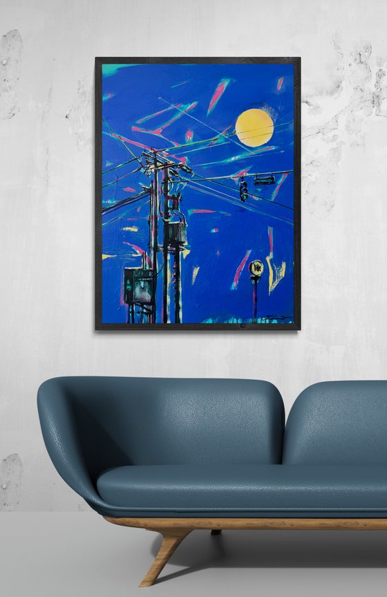 Urban painting - "Yellow moon" - Pop art - Bright - Street art - Electric pole - Urban - Sunset