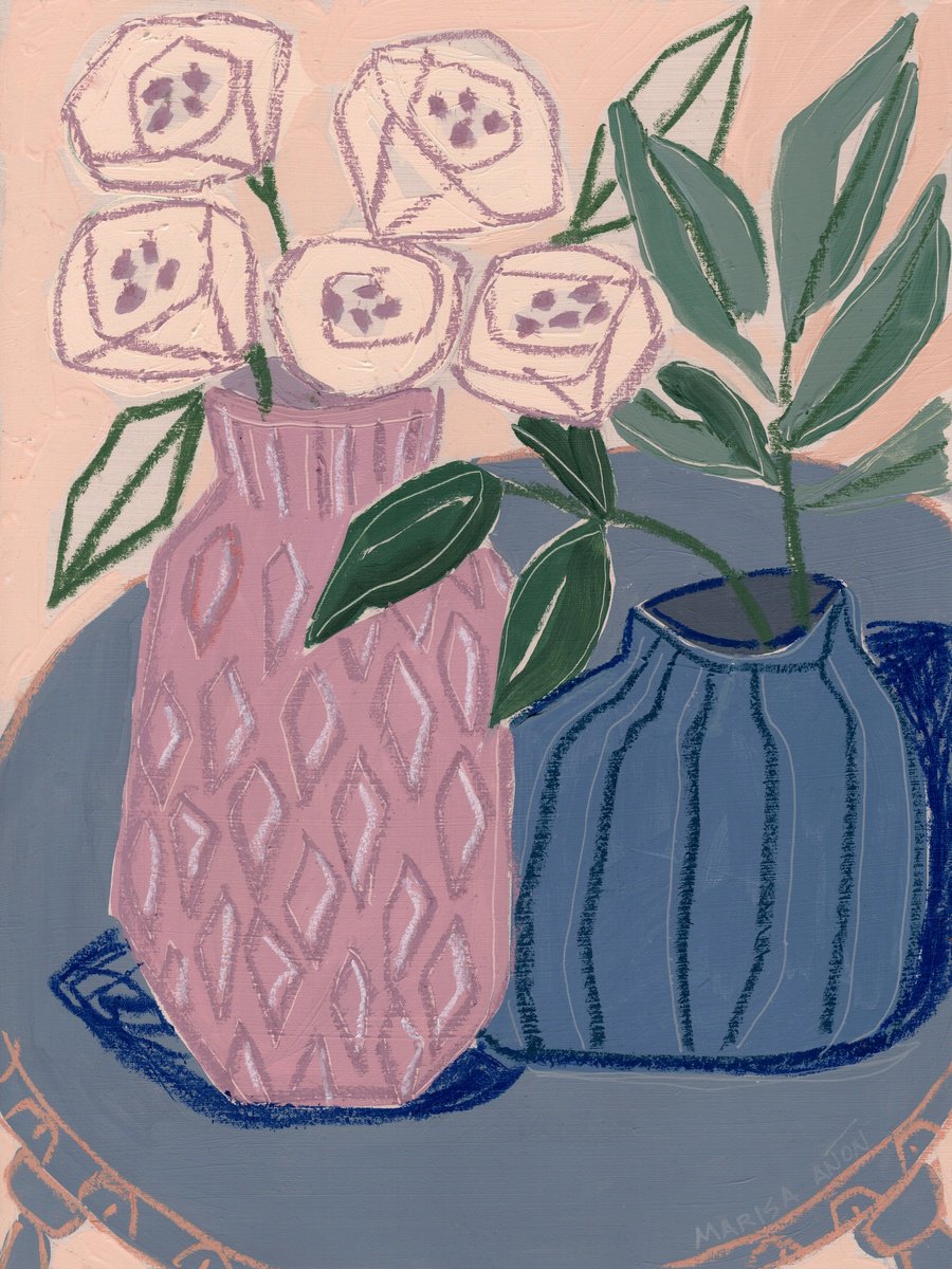 Still Life Painting By Marisa Anon, 13 X 17", Florals In Blue V, Original Artwork