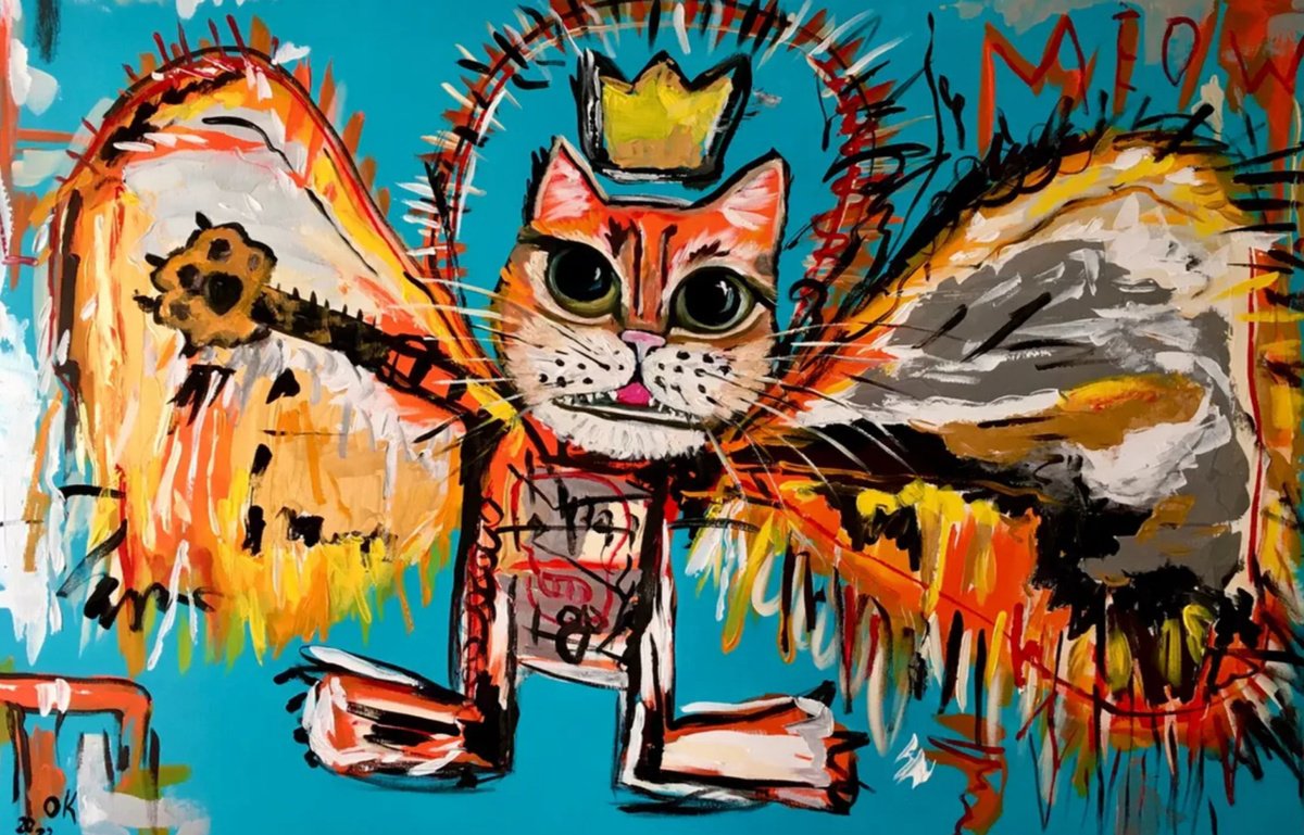 Expressive Animal Acrylic Painting By Olga Koval, 48 X 32", Flying King Cat Fallen Angel, Original Artwork