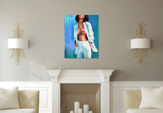 NO MEANS NO - feminist original painting oil on canvas home decor pop art office interior naked woman blue color white suit provocative subject