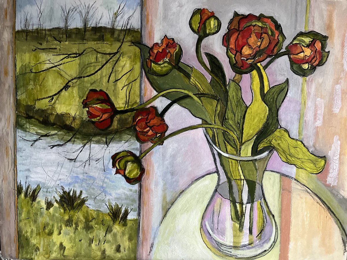 Expressive Botanical Acrylic Painting By Christine Callum Mcinally, 21 X 17, Tulips From Amsterdam, Original Artwork