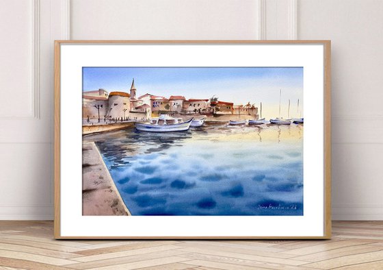 Sardinian Sunset original painting, sea sunset, blue nautical wall decor gift for him