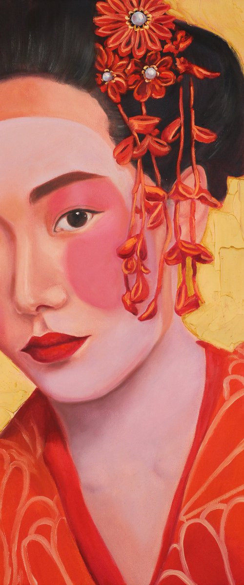 Geisha in kimono on the gold background portrait number 3 by Jane Lantsman