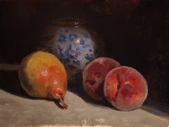 Pear, Peaches and a Vase