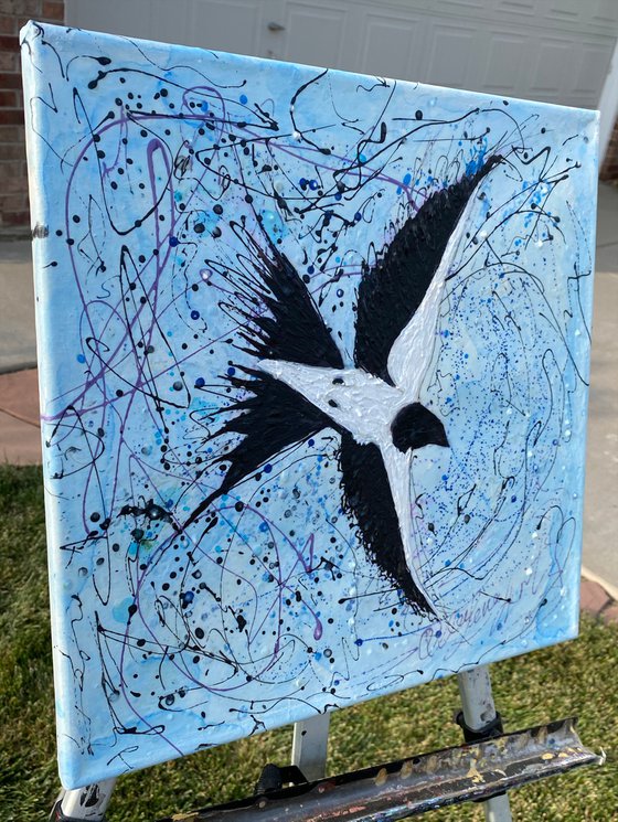 Abstract Bird Against the Sky Pollock Inspired + Palette Knife Painting on Canvas - 14 "X 14" X 0.5"