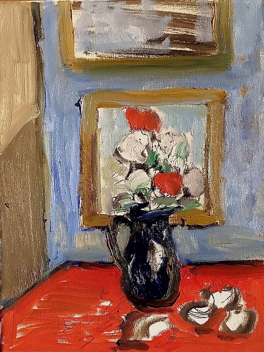 Flowers in a pitcher, onions and a red table. by Angus MacDonald