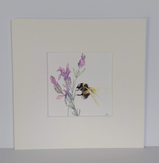 Bumble bee Painting, Bee painting, Bee on french lavender, minimalist, miniature art, contemporary art