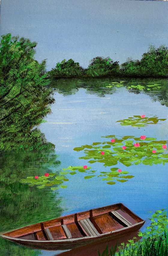 Boat near water lily pond-1 ! A4 size Painting on paper