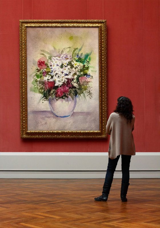 Vase of Flowers Watercolor Floral painting- 10.25"x 14"