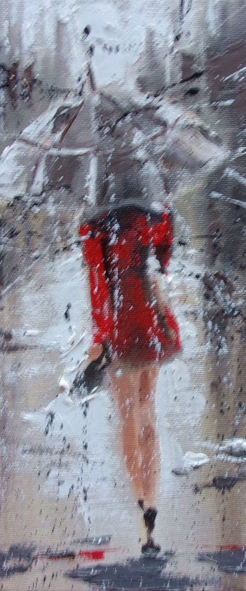 " RAINY OCTOBER ... "   street spring summer original painting CITY palette knife GIFT by Monika Luniak