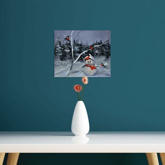 Snowman and bullfinches