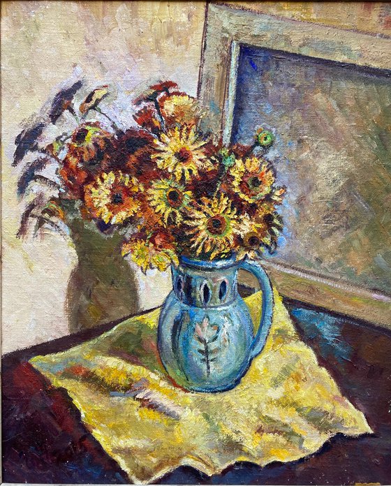 Still Life with Yellow Flowers in a Blue Maiolica Ceramic Vase