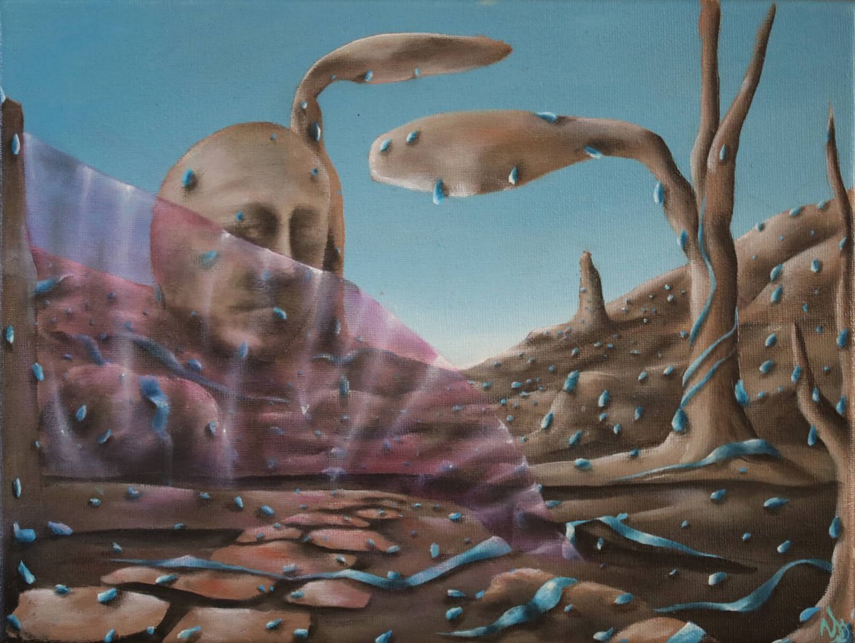 Surrealistic Landscape Oil Painting By Vanessa T Stefanova, 12 X 9", Atheists Make The Universe Cry, Original Artwork