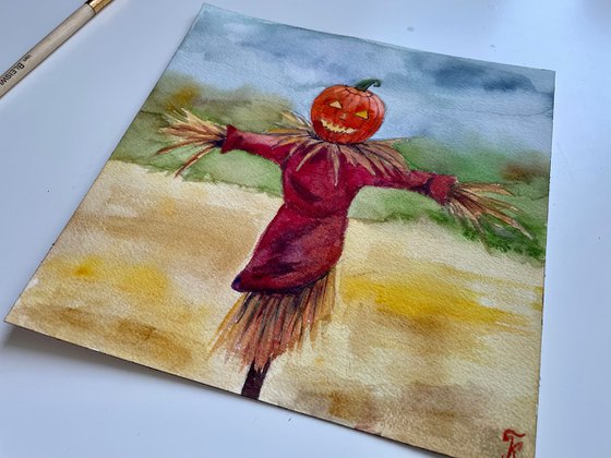 Halloween Watercolor Painting Original, Scarecrow Artwork, Spooky Season Wall Art