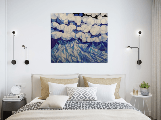 Winter evening (90x80cm, cubism, oil painting, ready to hang)